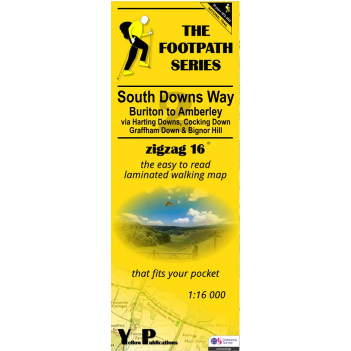 Yellow map cover of South Downs Way with walking illustration and text.