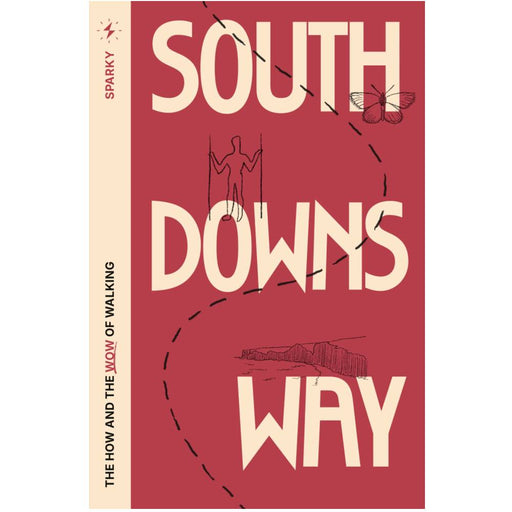Book cover for 'South Downs Way' guidebook by Sparky, featuring a dusty red background with large cream-colored text and minimalist black line drawings of a hiker, butterfly, and landscape.