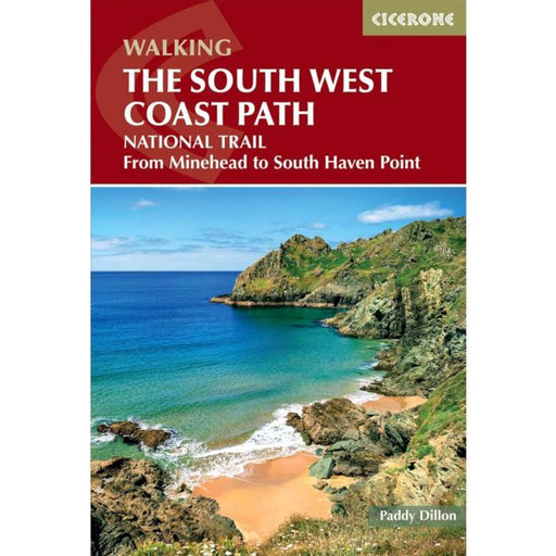 Book cover of 'The South West Coast Path' guidebook with a scenic image of a coastal landscape.