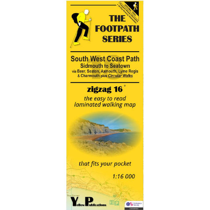 Yellow map cover of The Footpath Series for South West Coast Path with walking illustration and coastal scene.