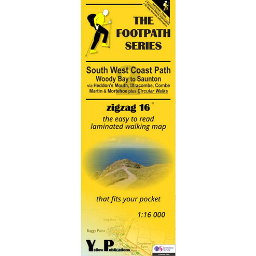 Yellow map cover of the South West Coast Path with text and a walking illustration.