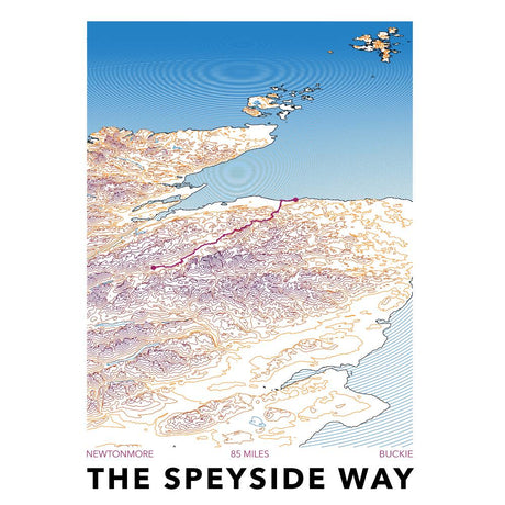 Map of The Speyside Way with a blue sky and water background