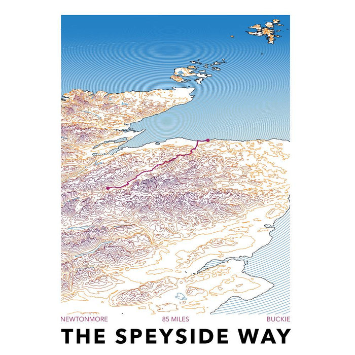 Map of The Speyside Way with a blue sky and water background