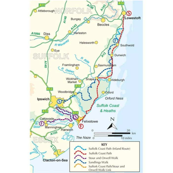 Map of Suffolk showing the three walks