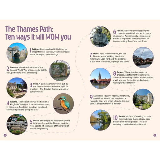 A travel guide page titled 'The Thames Path: Ten ways it will WOW you' with a circular map and multiple small photographs around text descriptions of landmarks and attractions along the Thames.