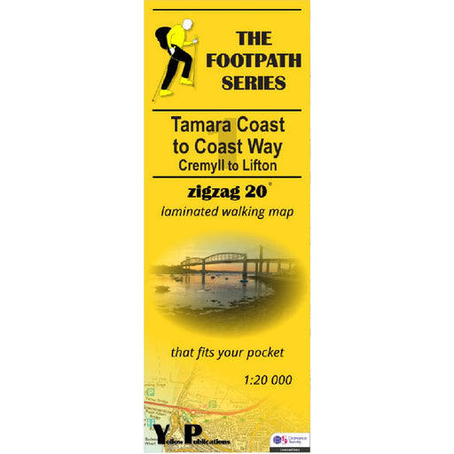 Yellow map cover of 'The Footpath Series' for Tamara Coast to Coast Way with a walking illustration.