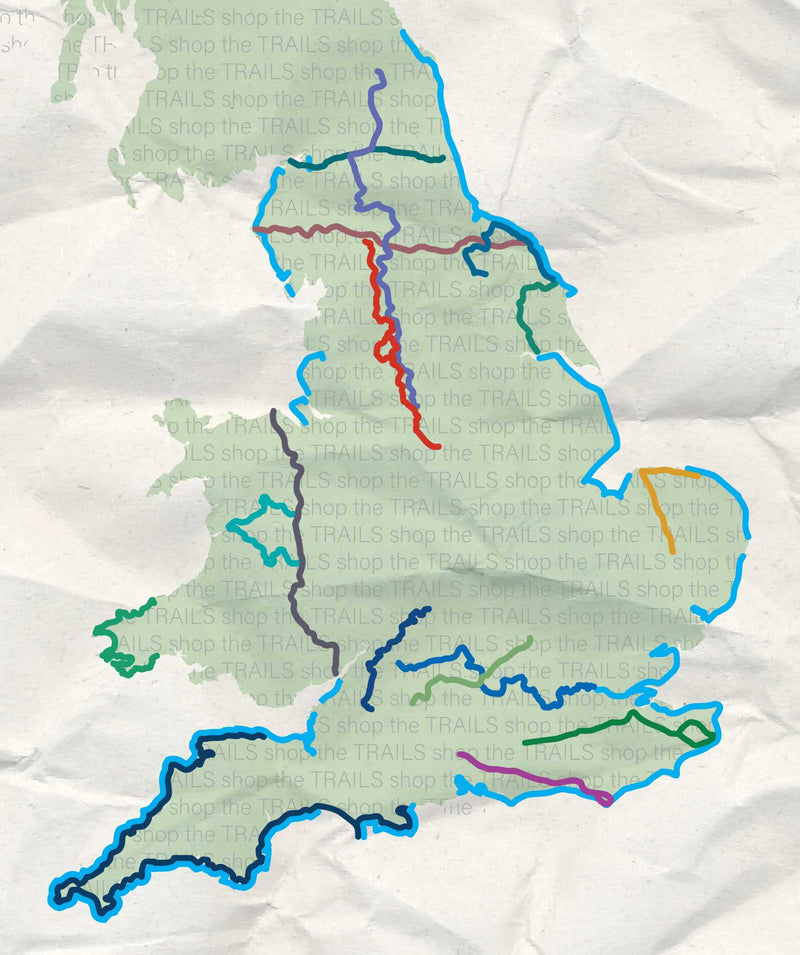 A stylised map of England showing National Trails overlaid on a crumpled paper background. 