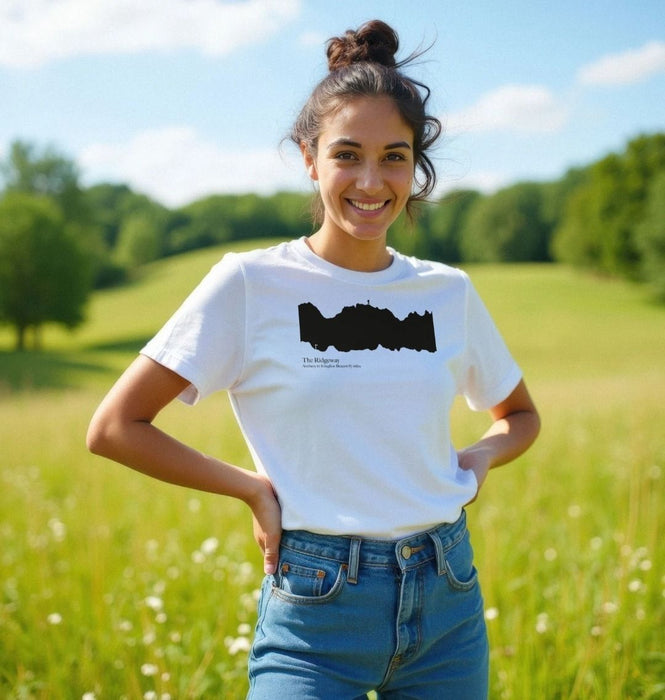 Woman in field wearing printed t-shirt