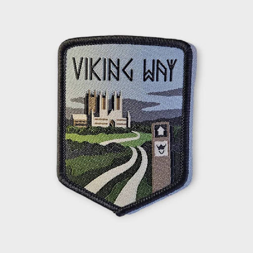 Embroidered patch with 'Viking Way' text and castle design on a light gray background