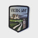 Embroidered patch with 'Viking Way' text and castle design on a light gray background