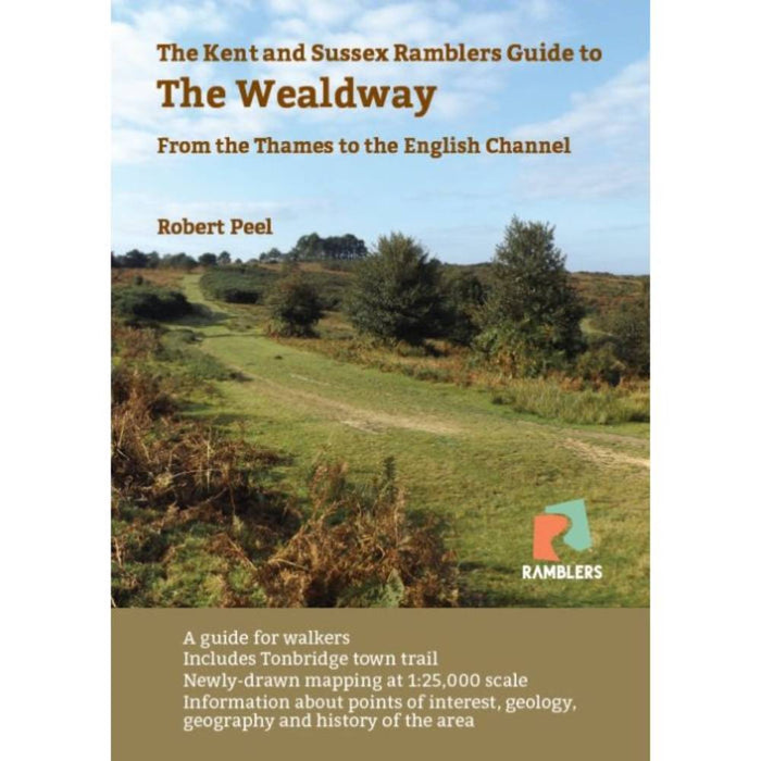 Book cover of 'The Kent and Sussex Ramblers Guide to The Wealdway' with a scenic landscape.