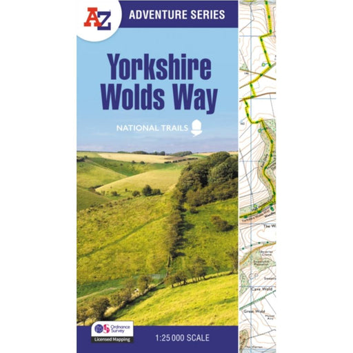 Map of Yorkshire Wolds Way with a scenic view and A-Z Adventure Series branding.