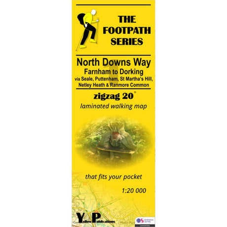 Walking map cover for 'The North Downs Way 1 Farnham to Dorking' with yellow background and walking figure.