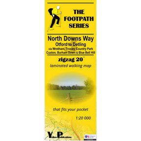 Yellow walking map cover for 'North Downs Way 3 Otford to Detlin' with text and a small map inset.