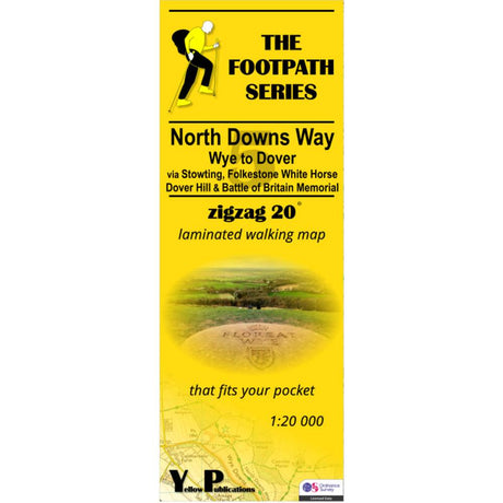 Yellow map cover of North Downs Way 5 Wye to Dover with walking illustration and text.