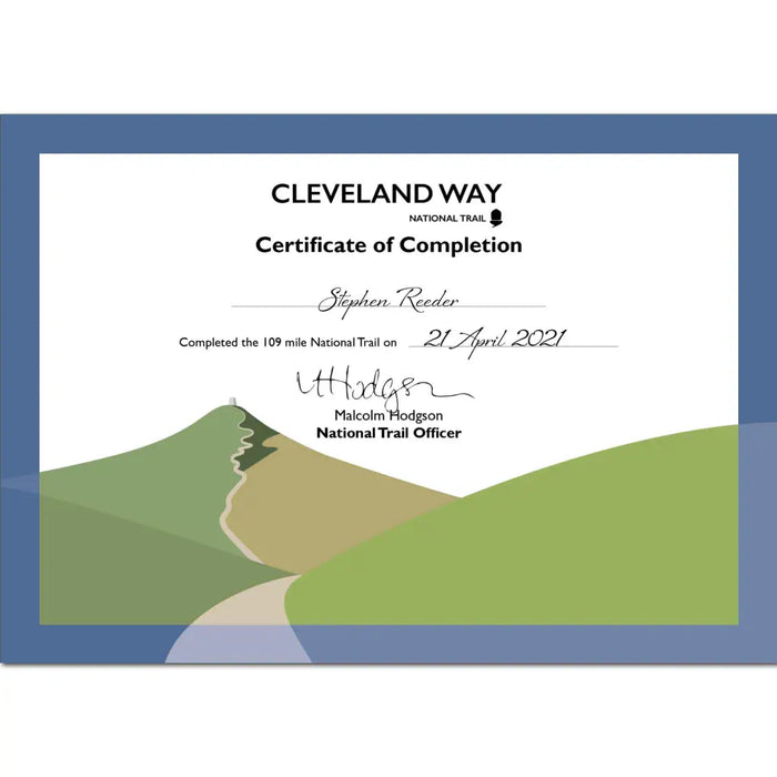Cleveland Way National Trail Completion Certificate with signed name - The Trails Shop