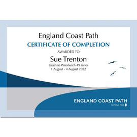 England Coast Path National Trail Completion Certificate