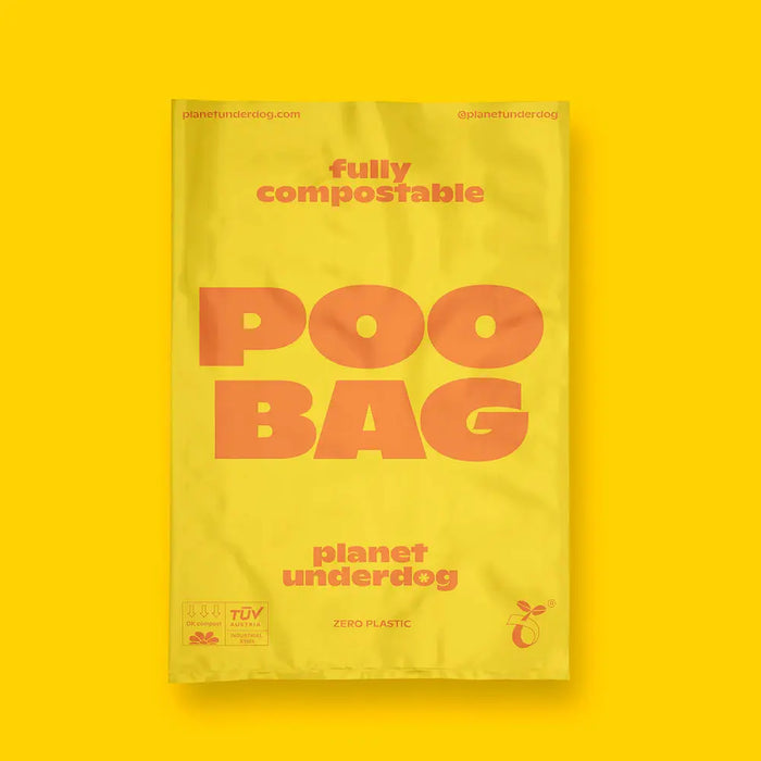 0% plastic, 100% compostable dog poo bags from Planet Underdog - yellow bag front