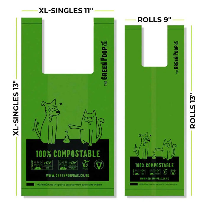 Sizes of 100% biodegradable and home compostable dog poo bags from The Green Poop Bag