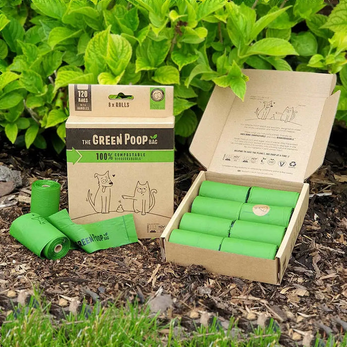 Rolls of 100% biodegradable and home compostable dog poo bags from The Green Poop Bag