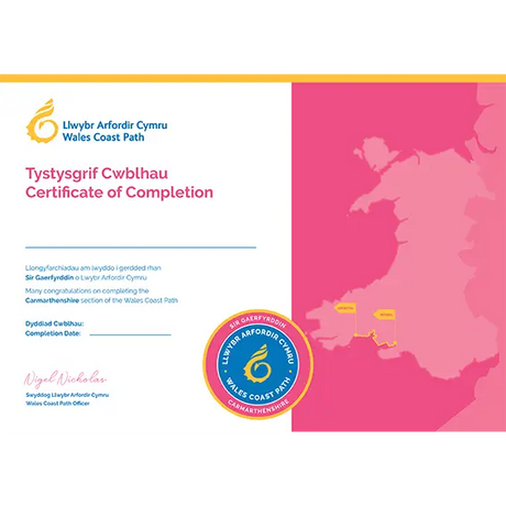 Wales Coast Path Completion Certificate-Carmarthenshire-The Trails Shop