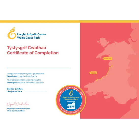 Wales Coast Path Completion Certificate-Ceredigion-The Trails Shop