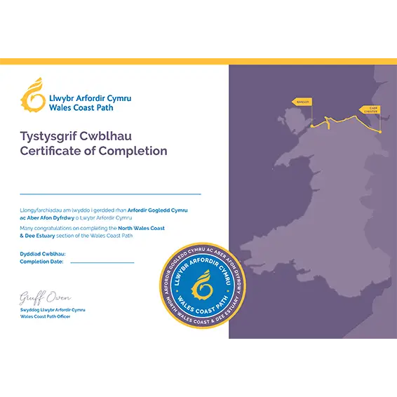 Wales Coast Path Completion Certificate-North Wales Coast and Dee Estuary-The Trails Shop